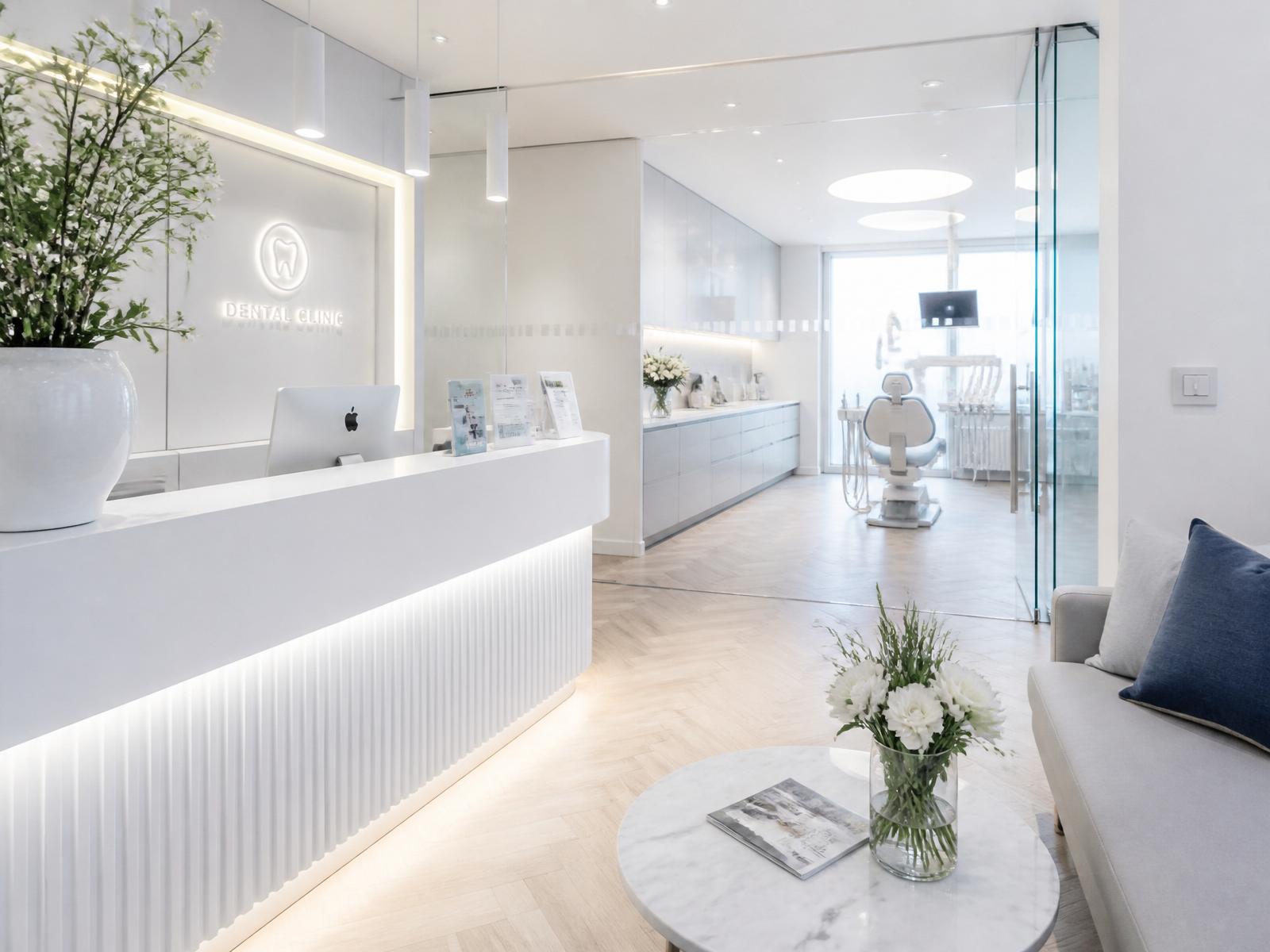 Bright, modern dental clinic reception with glass treatment room